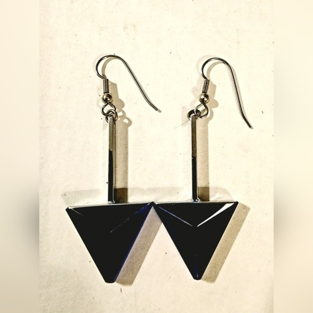 Cobalt Blue Silver Tone Geometric Triangle Drop Earrings